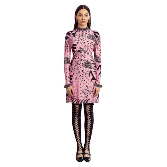 Temperley London Runway A-Line Mini Dress Womens 10 UK 6 Pink Black Long Sleeve